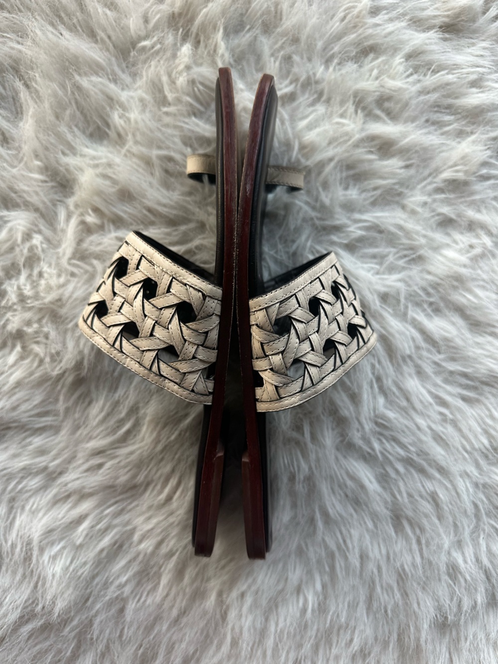 Tory Burch basket wave Cream Bone  Braided Leather Slide Sandals with Brown 8.5 - Picture 10 of 12